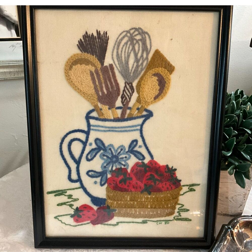 Vintage Grandmacore framed needlepoint kitchen counter strawberries & pitcher